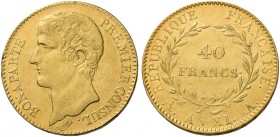 Monete d’oro europee. Francia. Consolato. Napoleone I console, 1799-1804. 

Da 40 franchi anno XI (1802-1803) Parigi, AV gr. 12,89 g. Friedberg 479....