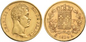 Monete d’oro europee. Francia. Carlo X, 1824-1830. 

Da 40 franchi 1824 Parigi, AV 12,88 g. Friedberg 547. Gadoury 1105.
Rara. Spl