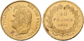 Monete d’oro europee. Francia. Luigi Filippo I, 1830-1848. 

Da 40 franchi 1836 Parigi, AV 12,89 g. Friedberg 557. Gadoury 1106.
Molto rara. Spl