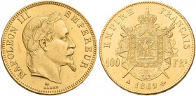 Monete d’oro europee. Francia. Secondo Impero. Napoleone III, 1852-1870. 

Da 100 franchi 1869 Parigi, AV 32,25 g. Friedberg 580. Gadoury 1136.
q.F...