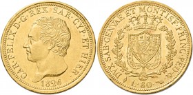 Monete d’oro europee. Italia. Savoia. Carlo Felice re di Sardegna, 1821-1831. 

Da 80 lire 1826 Torino, AV 25,81 g. Friedberg 1132. Pagani 28. MIR 1...