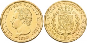 Monete d’oro europee. Italia. Savoia. Carlo Felice re di Sardegna, 1821-1831. 

Da 80 lire 1830 Genova, AV 25,73 g. Friedberg 1132. Pagani 35. MIR 1...