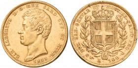Monete d’oro europee. Italia. Carlo Alberto re di Sardegna, 1831-1849. 

Da 100 lire 1833 Torino, AV 32,24 g. Friedberg 1138. Pagani 137. MIR 1043g....