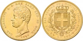 Monete d’oro europee. Italia. Carlo Alberto re di Sardegna, 1831-1849. 

Da 100 lire 1840 Genova, AV 32,23 g. Friedberg 1138. Pagani 149. MIR 1043k....