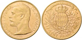 Monete d’oro europee. Monaco (Principato). Albert I, 1889-1922. 

Da 100 franchi 1896 Parigi, AV 32,24 g. Friedberg 13. Gadoury 124.
q.Fdc