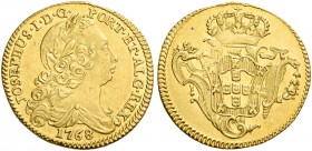 Monete d’oro europee. Portogallo. Dom José I, 1750-1777. 

Medio Peça 3200 reis o 2 escudos 1768 Lisbona, AV 7,13 g. Friedberg 102
Raro. q.Fdc