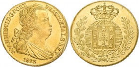 Monete d’oro europee. Portogallo. Dom Joao VI, 1822-1826. 

Peça 6400 reis 1823 Lisbona, AV gr. 14,32. Friedberg 128. Gomes 18.12.
Raro. q.Fdc