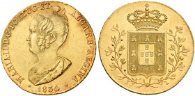Monete d’oro europee. Portogallo. Doña Maria II, 1834-1853. 

Peça 7500 reis o 4 escudos 1834 Lisbona, AV 14,34 g. Friedberg 141. Gomes 19.01.
Raro...