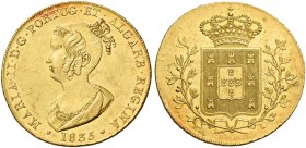 Monete d’oro europee. Portogallo. Doña Maria II, 1834-1853. 

Peça 7500 reis o 4 escudos 1835 Lisbona, AV 14,24 g. Friedberg 141. Gomes 19.02.
Raro...