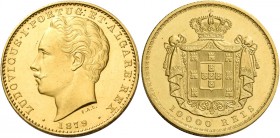 Monete d’oro europee. Portogallo. Louis I, 1861-1889. 

Da 10.000 reis 1879 Lisbona, AV 17,76 g. Friedberg 152. Gomes 17.02.
Fdc

Ex PCGS MS63 n....