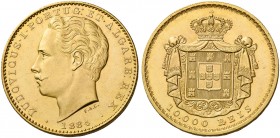 Monete d’oro europee. Portogallo. Louis I, 1861-1889. 

Da 10.000 reis 1884 Lisbona, AV 17,74 g. Friedberg 152. Gomes 17.10.
Fdc