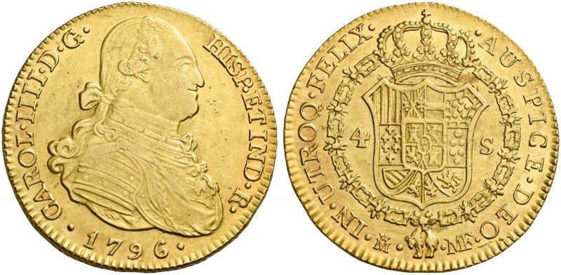 Monete d’oro europee. Spagna. Regno. Carlo IV, 1788-1808. 

Da 4 escudos 1796 ...