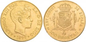 Monete d’oro europee. Spagna. Alfonso XIII, 1886-1931. 

Da 100 pesetas 1897/1897 Madrid, AV 32,21 g. Friedberg 347. Calicò 1.
Spl