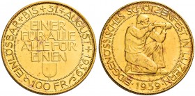 Monete d’oro europee. Svizzera. Conferedazione Elvetica, dal 1848. 

Da 100 franchi 1939 Berna, AV gr. 17,45. Friedberg 506. HMZ 2-1344.
Fdc
