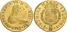 Monete d’oro dei paesi dell’Oltreoceano. Cile. Ferdinando VI, 1746-1760. 

Da 8 escudos 1751 Santiago, AV 27,01 g. Friedberg 5.
Rara. q.Fdc