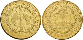 Monete d’oro dei paesi dell’Oltreoceano. Cile. Repubblica, dal 1818. 

Da 8 escudos 1821 Santiago, AV gr. 26,88 g. Friedberg 63.
Rara. Spl
