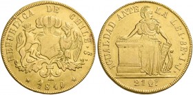 Monete d’oro dei paesi dell’Oltreoceano. Cile. Repubblica, dal 1818. 

Da 8 escudos 1840 Santiago, AV 27,01 g. Friedberg 41.
Rara. q.Spl