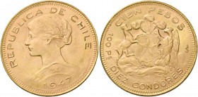 Monete d’oro dei paesi dell’Oltreoceano. Cile. Repubblica, dal 1818. 

Da 100 pesos o 10 Condores 1947 Santiago, AV 20,32 g. Friedberg 54.
Fdc