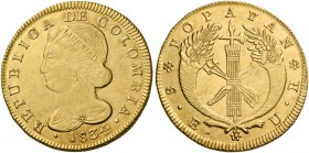Monete d’oro dei paesi dell’Oltreoceano. Colombia. Repubblica (I), 1821-1837. 

Da 8 escudos 1834 Popayan, AV 27,03 g. Friedberg 68.
Spl