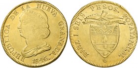 Monete d’oro dei paesi dell’Oltreoceano. Colombia. Repubblica di Nueva Granada, 1837-1859. 

Da 16 pesos 1846 Popayan, AV 26,97 g. Friedberg 75.
Sp...