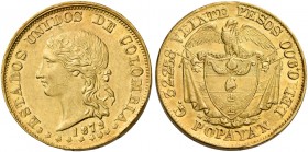 Monete d’oro dei paesi dell’Oltreoceano. Colombia. Stati Uniti di Colombia, 1862-1886. 

Da 20 pesos 1872 Popayan, AV 32,12 g. Friedberg 100.
Rara....