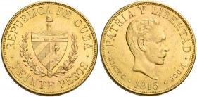 Monete d’oro dei paesi dell’Oltreoceano. Cuba. Repubblica, 1898-1959. 

Da 20 pesos 1915 Philadelphia, AV 33,42 g. Friedberg 1.
q.Fdc