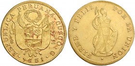 Monete d’oro dei paesi dell’Oltreoceano. Perù. Repubblica, dal 1821. 

Da 8 escudos 1831 Cuzco, AV 26,91 g. Friedberg 63.
Spl