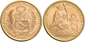 Monete d’oro dei paesi dell’Oltreoceano. Perù. Repubblica, dal 1821. 

Da 50 soles 1965 Lima, AV 23,37 g. Friedberg 79.
Fdc