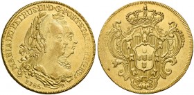 Monete d’oro dei paesi dell’Oltreoceano. Regno del Portogallo. Monetazione per il Brasile. Doña Maria I e Dom Pedro III, 1777-1786. 

Peça 6400 reis...