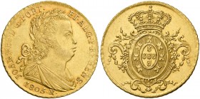 Monete d’oro dei paesi dell’Oltreoceano. Regno del Portogallo. Monetazione per il Brasile. Joao VI principe reggente, 1799-1816. 

Peça 6400 reis 18...