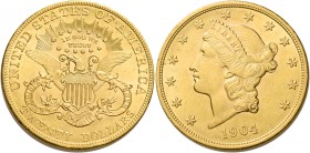 Monete d’oro dei paesi dell’Oltreoceano. Stati Uniti d’America. 

Da 20 dollari Liberty 1904 Philadelphia, AV 33,42 g. Friedberg 177.
q.Fdc