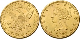 Monete d’oro dei paesi dell’Oltreoceano. Stati Uniti d’America. 

Da 10 dollari Liberty 1891 Carson City, AV 16,71 g. Friedberg 158.
Rara. Spl...