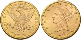 Monete d’oro dei paesi dell’Oltreoceano. Stati Uniti d’America. 

Da 10 dollari Liberty 1901 San Francisco, AV 16,72 g. Friedberg 158.
q.Fdc