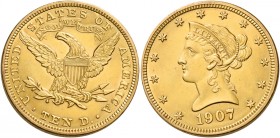 Monete d’oro dei paesi dell’Oltreoceano. Stati Uniti d’America. 

Da 10 dollari Liberty 1907 Philadelphia, AV 16,69 g. Friedberg 158.
q.Fdc