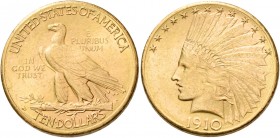 Monete d’oro dei paesi dell’Oltreoceano. Stati Uniti d’America. 

Da 10 dollari Indiano 1910 Denver, AV 16,71 g. Friedberg 159.
Fdc