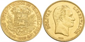 Monete d’oro dei paesi dell’Oltreoceano. Venezuela. Repubblica, dal 1823. 

Da 100 bolivares 1889 Caracas, AV 32,18 g. Friedberg 2.
q.Spl