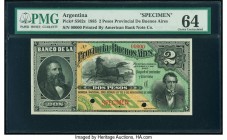 Argentina Provincia de Buenos Ayres 2 Pesos 5.11.1885 Pick S562s Specimen PMG Choice Uncirculated 64. Red Specimen overprint; two POCs; pinholes.

HID...
