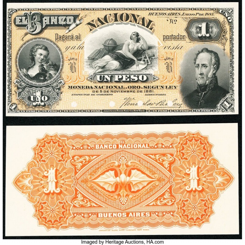 Argentina Banco Nacional 1 Peso 1.1.1883 Pick S676p Front and Back Proofs Crisp ...