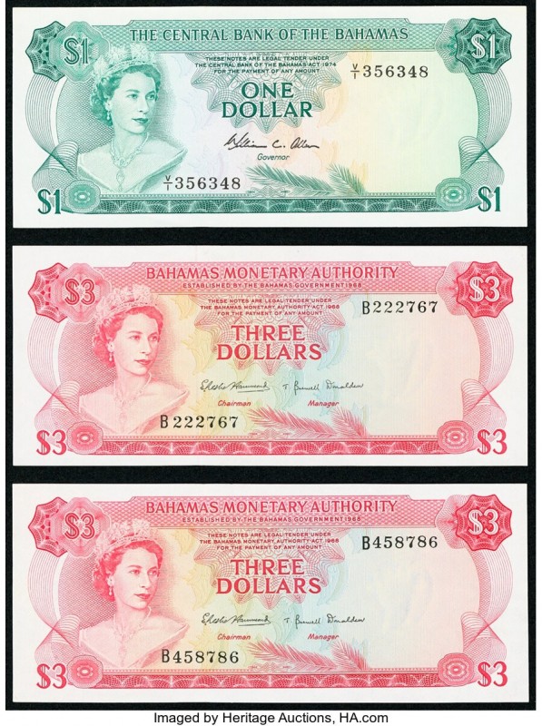 Bahamas Monetary Authority 3 Dollars 1968 Pick 28 Two Examples Crisp Uncirculate...