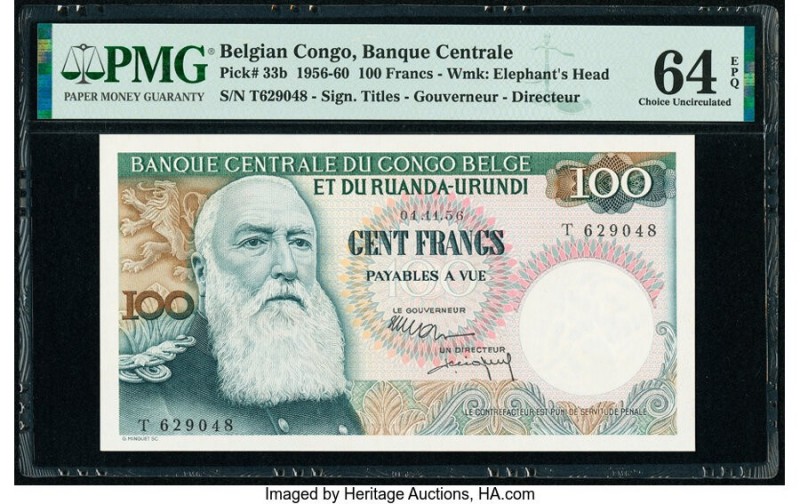 Belgian Congo Banque Centrale du Congo Belge 100 Francs 1.11.1956 Pick 33b PMG C...