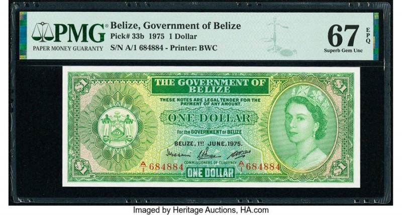 Belize Government of Belize 1 Dollar 1.6.1975 Pick 33b PMG Superb Gem Unc 67 EPQ...