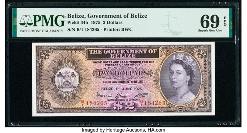 Belize Government of Belize 2 Dollars 1.6.1975 Pick 34b PMG Superb Gem Unc 69 EP...