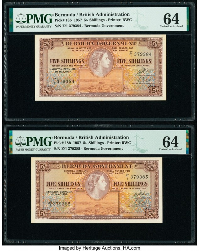 Bermuda Bermuda Government 5 Shillings 1957 Pick 18b Two Consecutive Examples PM...