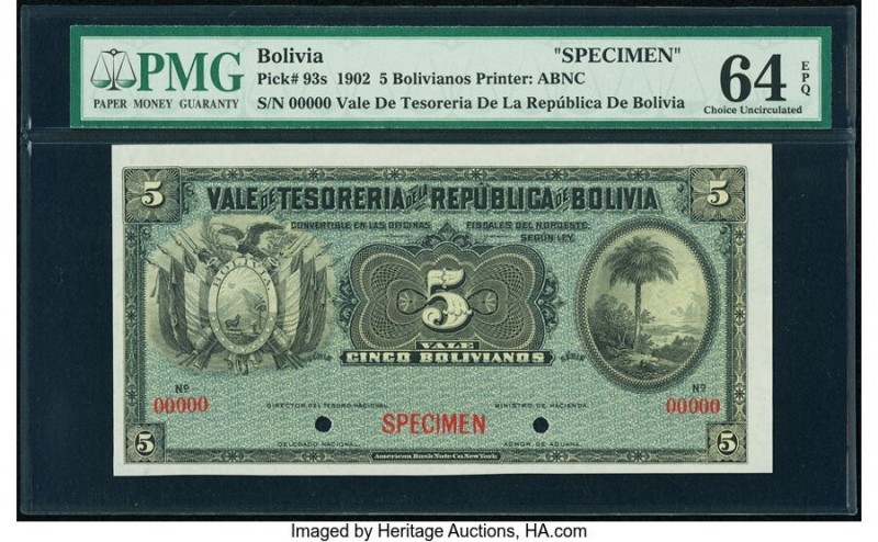 Bolivia Tesoreria de la Republica 5 Bolivianos 1902 Pick 93s Specimen PMG Choice...