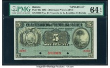 Bolivia Tesoreria de la Republica 5 Bolivianos 1902 Pick 93s Specimen PMG Choice Uncirculated 64 EPQ. Two POCs; red Specimen overprints.

HID098012420...