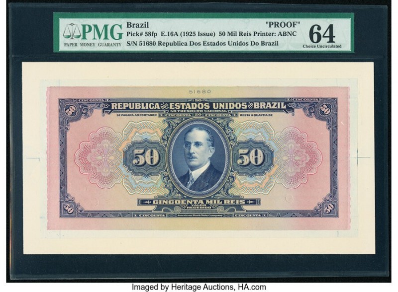 Brazil Thesouro Nacional 50 Mil Reis ND (1925) Pick 58fp Front Proof PMG Choice ...