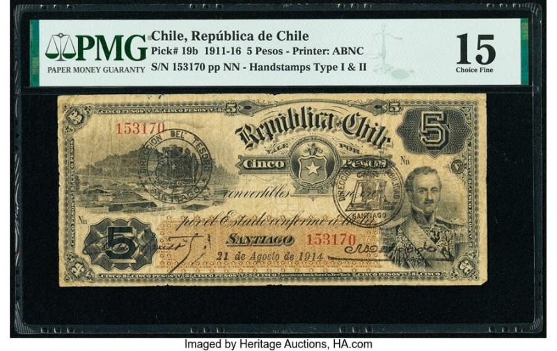 Chile Republica de Chile 5 Pesos 21.8.1914 Pick 19b PMG Choice Fine 15. 

HID098...
