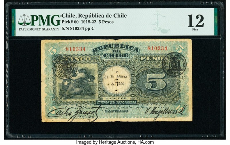 Chile Republica de Chile 5 Pesos 31.3.1920 Pick 60 PMG Fine 12. Internal Splits....