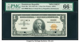 Dominican Republic Banco Central de la Republica Dominicana 1 Peso Oro ND (1947-55) Pick 60s Specimen PMG Gem Uncirculated 66 EPQ. Black Specimen; two...