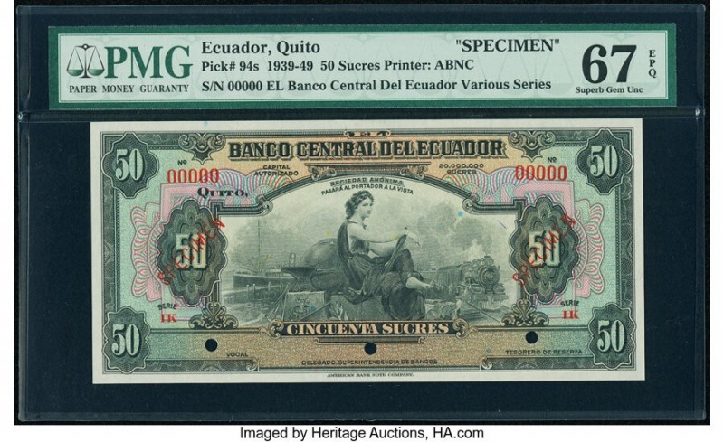 Ecuador Banco Central del Ecuador 50 Sucres ND (1939-49) Pick 94s Specimen PMG S...
